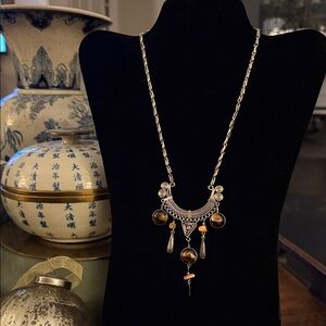 Elegant handmade alpaca Silver and Brown white glass Pendant Necklace